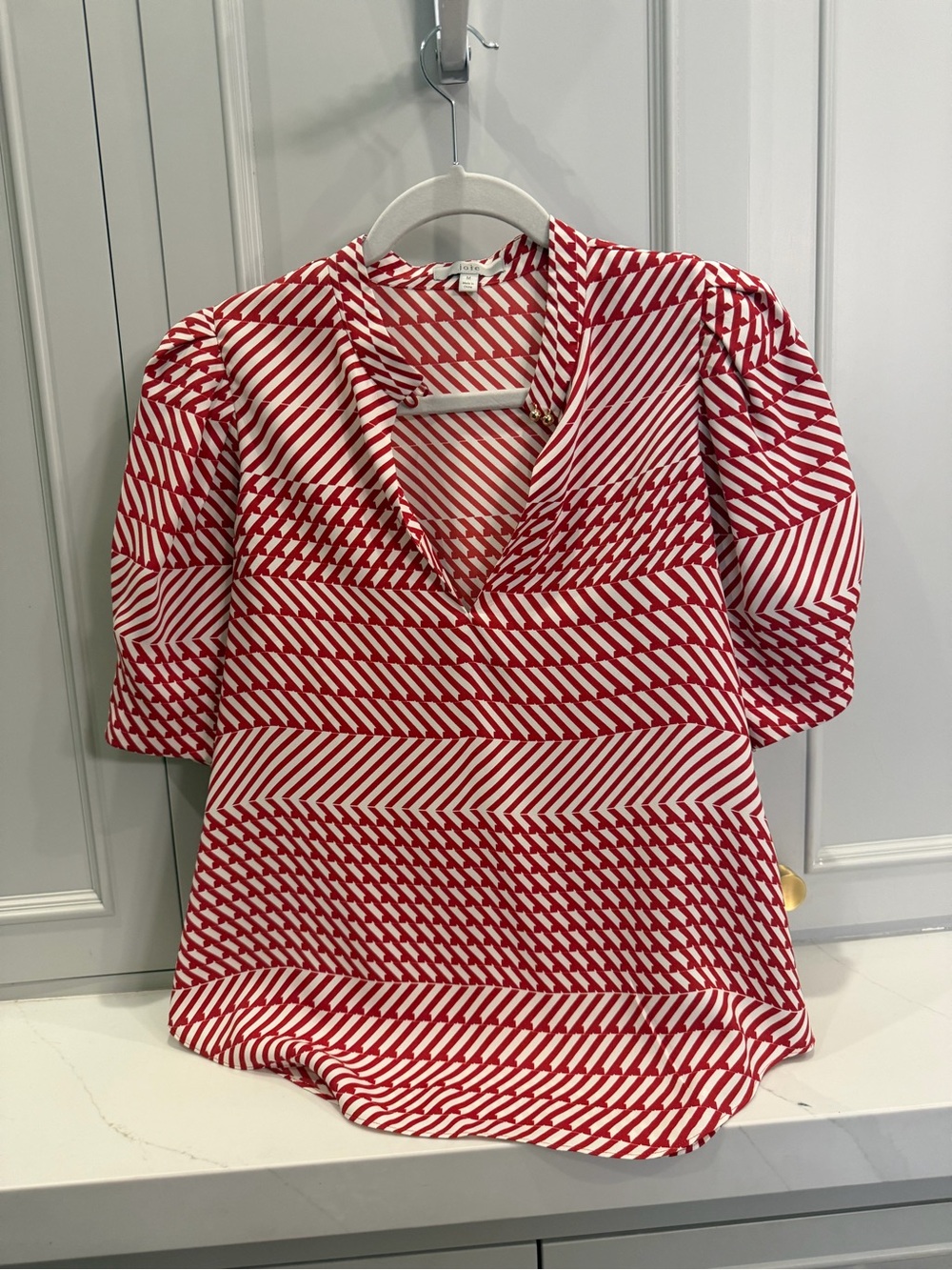 Joie Red and White V-Neck Striped Puff Sleeve Blouse